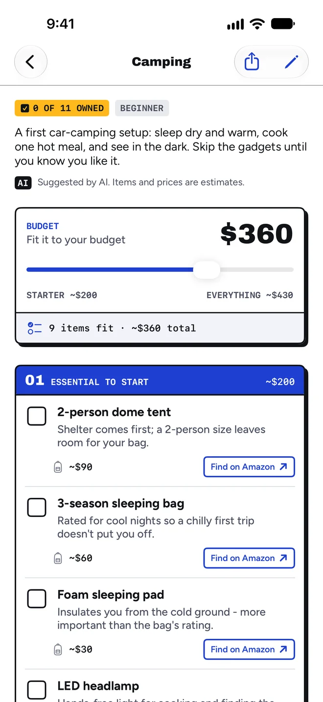 Knackstart kit screen for camping: a $360 budget slider, 9 items that fit, and the first layer, Essential to start, with a dome tent, a sleeping bag and a sleeping pad, each with a Find on Amazon button.