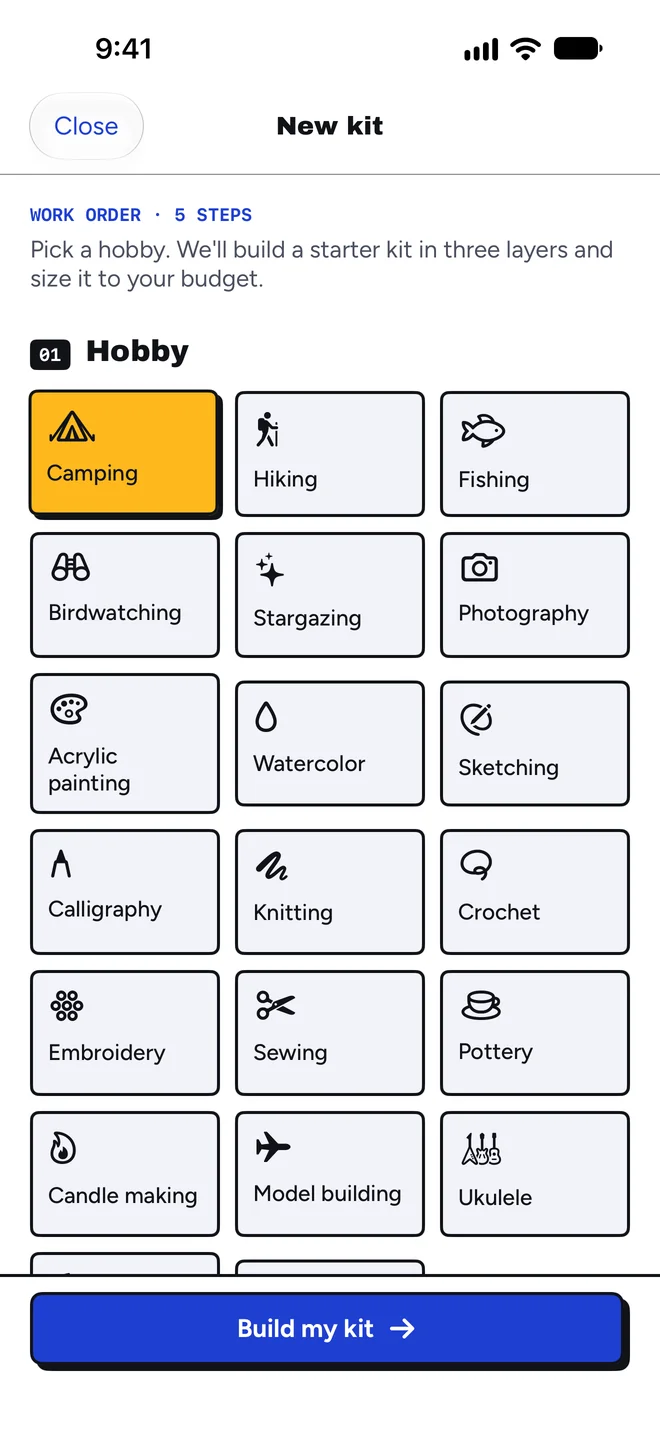 New kit screen: a grid of hobby tiles with Camping selected, and a Build my kit button.
