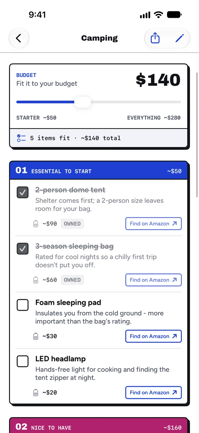 Kit screen with the budget lowered to $140, the tent and sleeping bag marked as owned, and 5 items that fit.