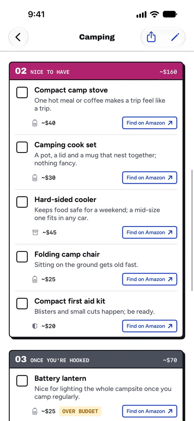 Kit screen showing the Nice to have layer: camp stove, cook set, cooler, camp chair and first aid kit with estimated prices.