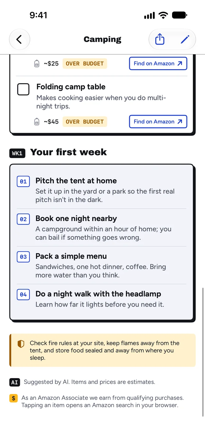 Your first week list for camping: pitch the tent at home, book one night nearby, pack a simple menu, do a night walk.