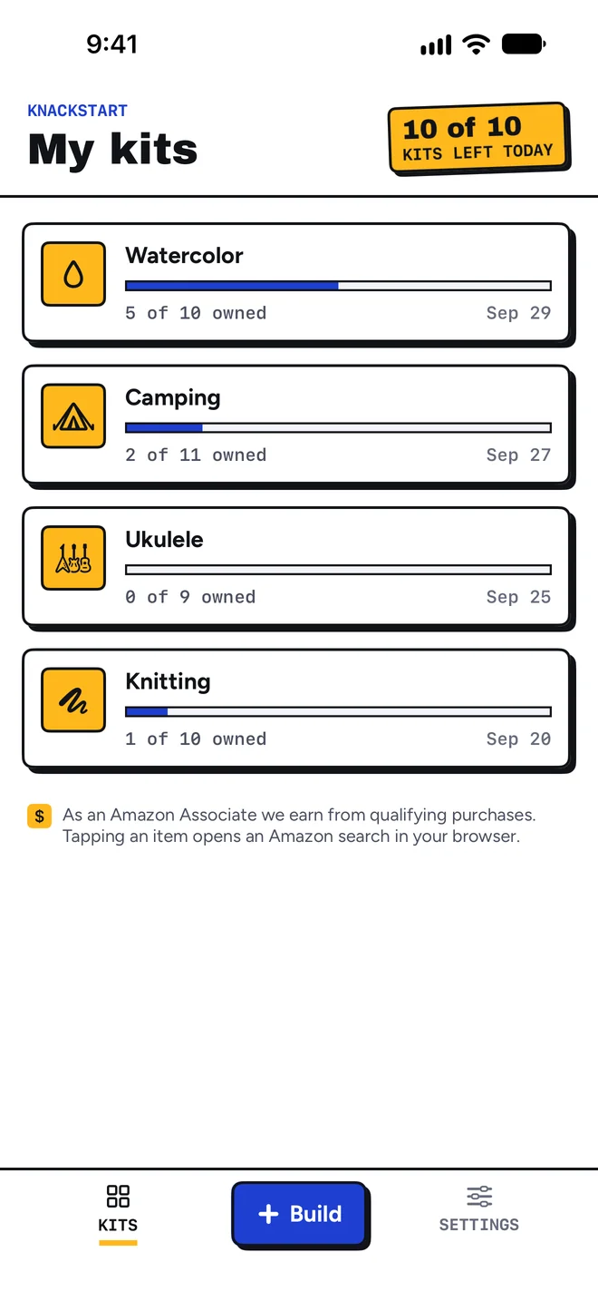My kits screen with four saved kits: watercolor, camping, ukulele and knitting, each with an owned progress bar.