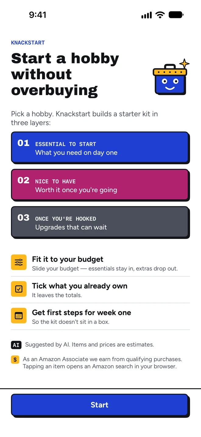 Onboarding screen: Start a hobby without overbuying, the three layers, and a Start button.